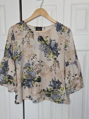 W5 Floral Bell-Sleeve Blouse in Beige, Blue and Green Anthropologie